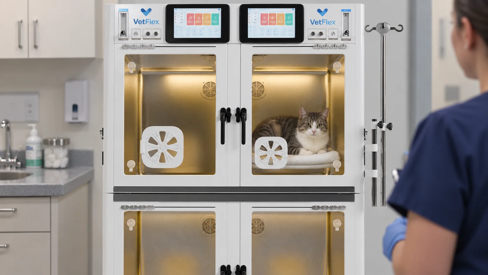 Veterinarian monitoring a cat receiving hands-off oxygen therapy in a VetFlex ICU cage