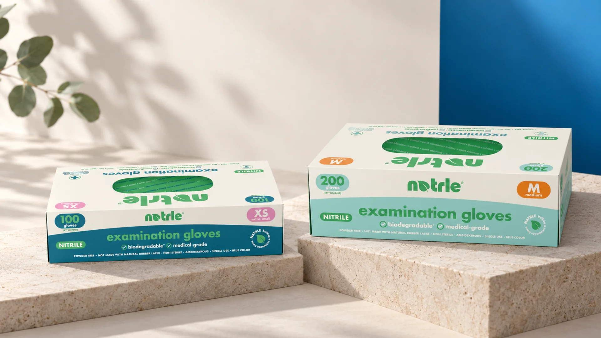 Natrle 100 count and 200 count biodegradable nitrile examination glove boxes side by side
